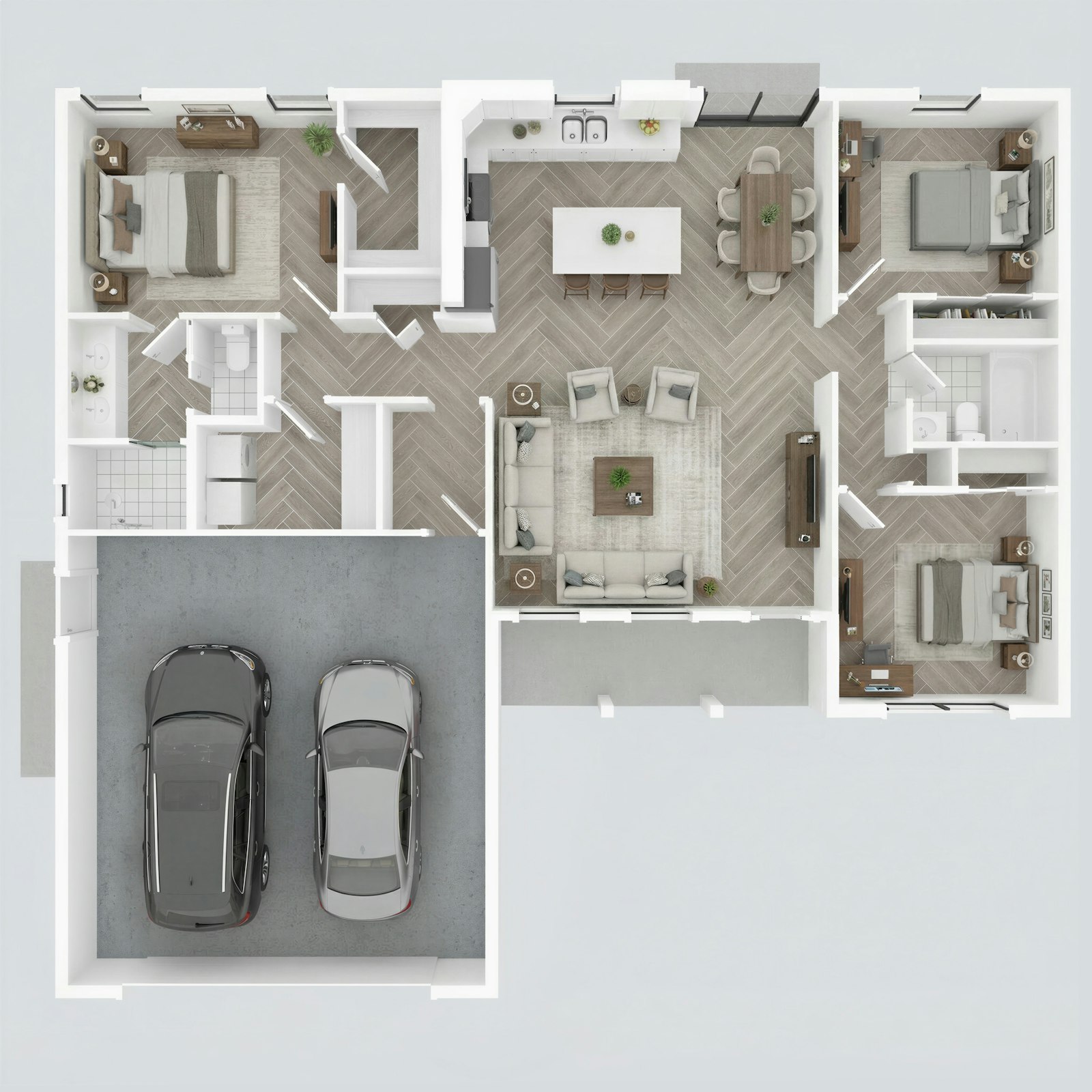 Plano en tres dimensiones de una casa de tres dormitorios